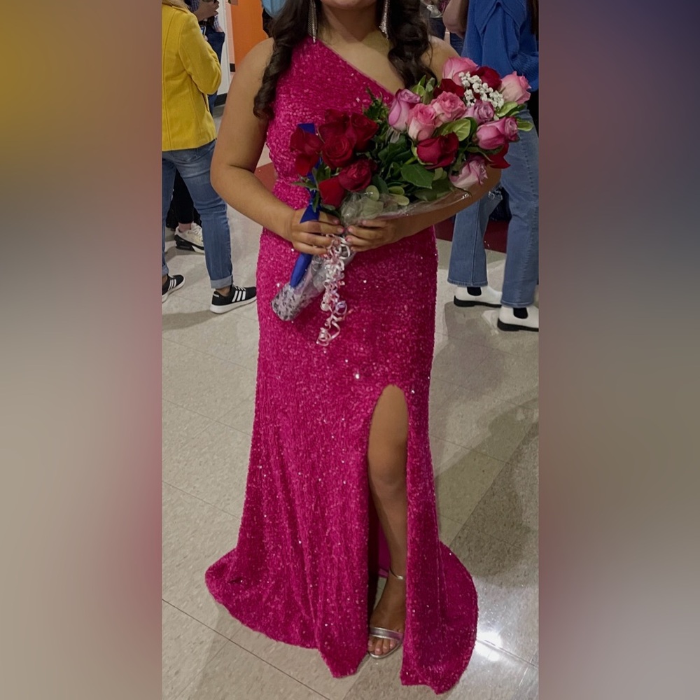 Hot Pink Sequin One-Shoulder Pageant Gown with Thigh Slit